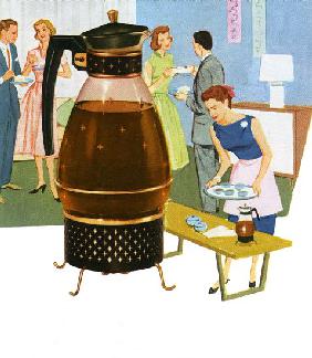 Coffee Carafe with 1950s Housewife Serving Coffee