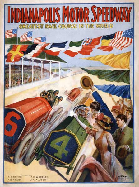 Poster advertising The Indianapolis Motor Speedway from American School, (20th century)