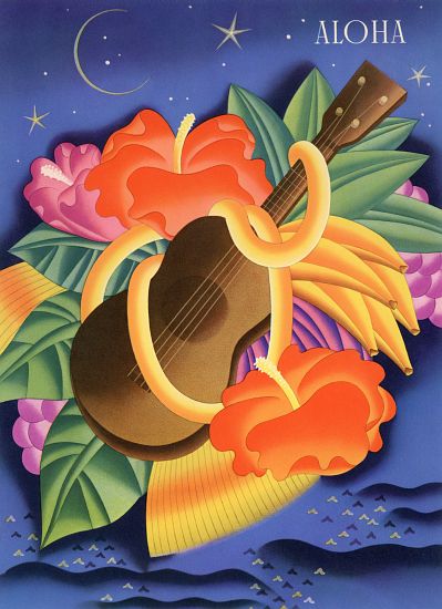 Symbols of Hawaii Including a Ukelele and Hibiscus Blossoms from American School, (20th century)