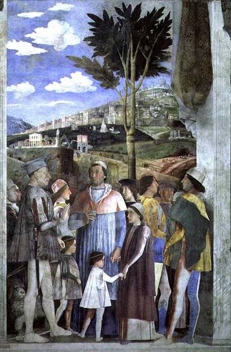Arrival of Cardinal Francesco Gonzaga, greeted by his father Marchese Ludovico Gonzaga III (reigned from Andrea Mantegna