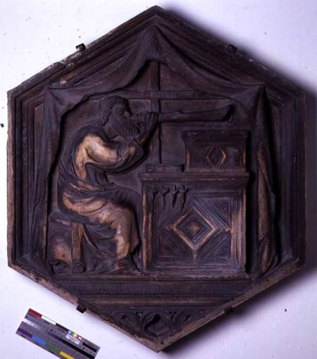 Music, hexagonal decorative relief tile from a series depicting the Seven Liberal Arts possibly base from Andrea Pisano