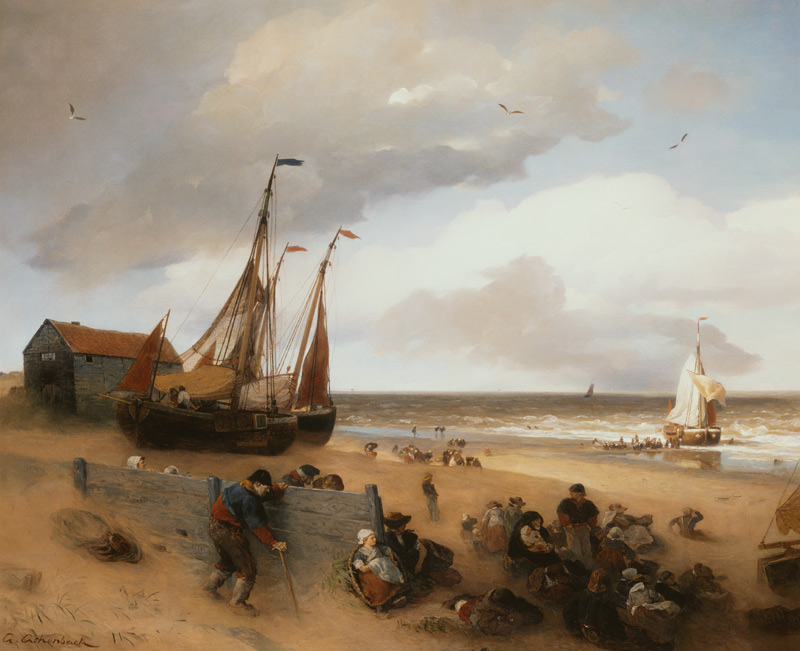 Fishing boats and fisherman people on a beach. from Andreas Achenbach