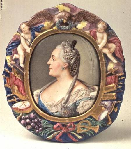 Catherine II (1729-96) after a portrait by Feodor Rokotov, enamel and copper, frame from the Imperia from Andrei Ivanovich Chernyi