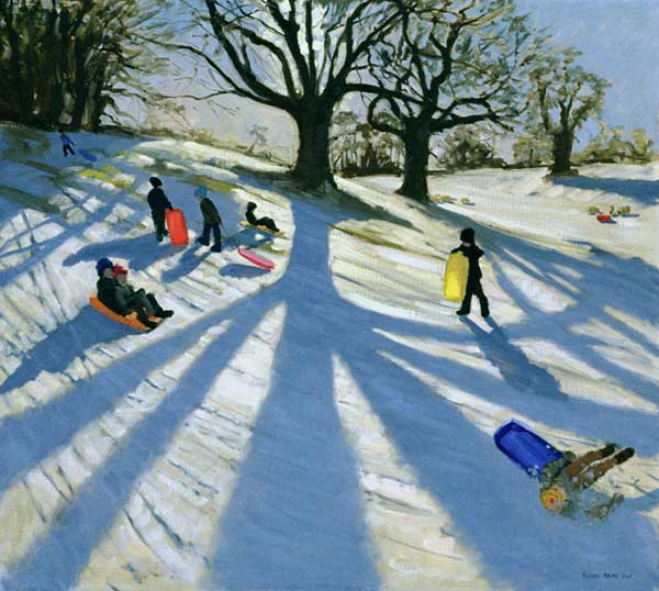 Winter Tree, Snow Sledgers, Calke Abbey, Derby (oil on canvas)  from Andrew  Macara