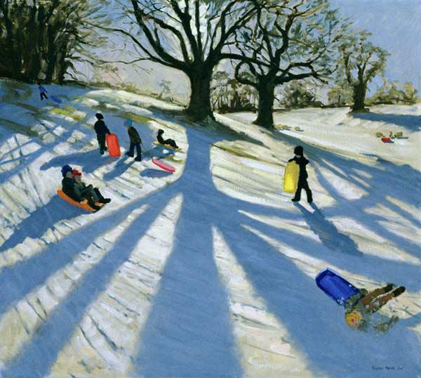 Winter Tree, Snow Sledgers, Calke Abbey, Derby (oil on canvas) 
