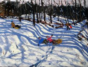 Two boys falling off a sledge, Morzine (oil on canvas) 