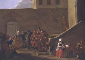 Street scene with monks distributing food to the poor