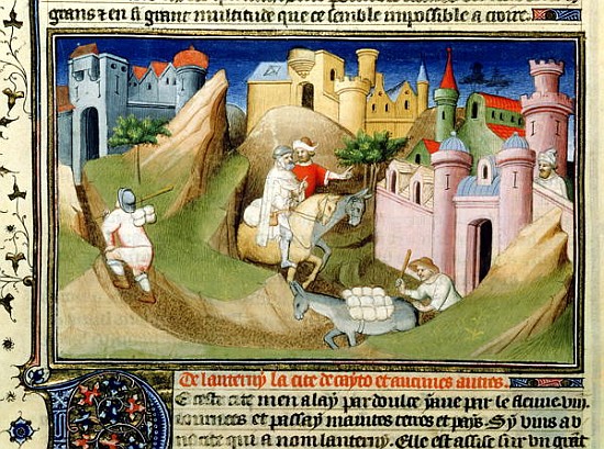 Ms Fr 2810 f.110v Travellers outside Peking with Odorico de Pordenone, from the Livre des Merveilles from (and workshop) Boucicaut Master
