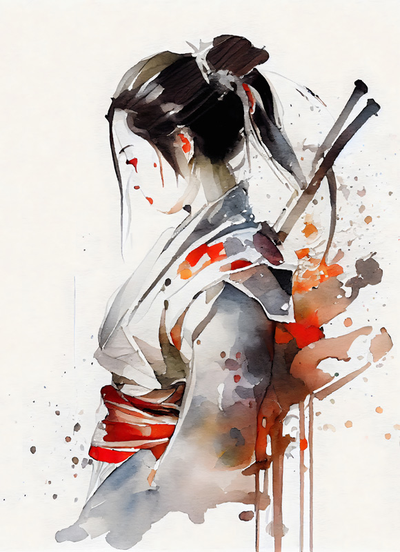Japanese female geisha fighter with samurai swords. watercolor portrait from Anja Frost