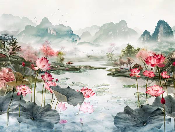 Chinesische Lotosblumen am Teich. Berglandschaft. from Anja Frost