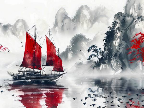 Chinesisches Boot auf dem Meer mit Bergen from Anja Frost