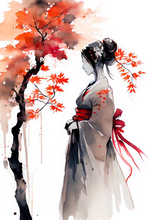Japanese geisha with autumn maple tree. watercolor from Anja Frost