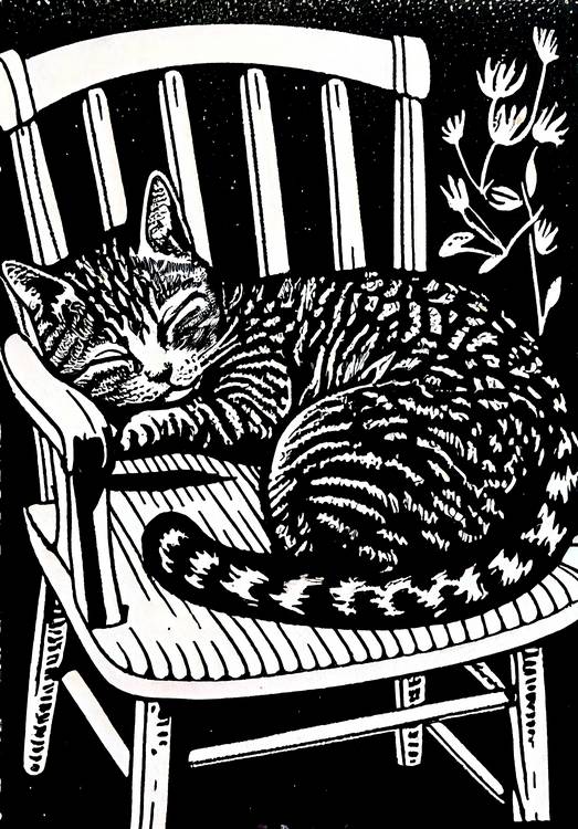 Cat sleeps on garden chair. linoprint from Anja Frost