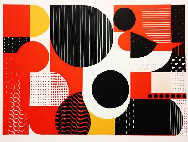 Vibrant Contrasts: Abstract Patterns of Black, Yellow, and Red Squares and Circles from Anja Frost
