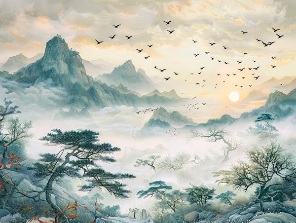 Morgensonne über den Bergen von China. Vogelschwarm. from Anja Frost