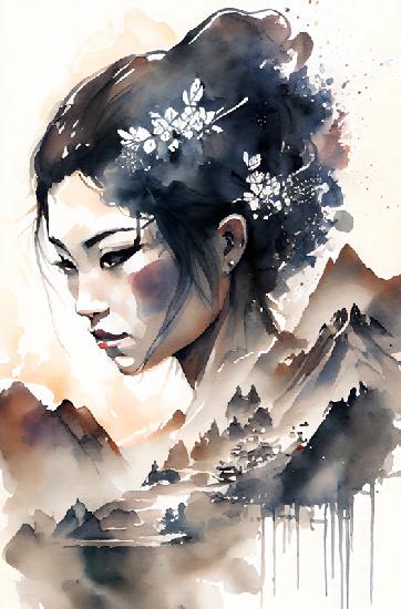 Japanese geisha with flowers in her hair in front of a mountain landscape. Watercolor.