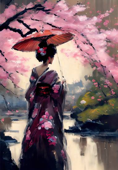 Eleganz in Blüte: Eine Geisha zwischen Kirschblüten