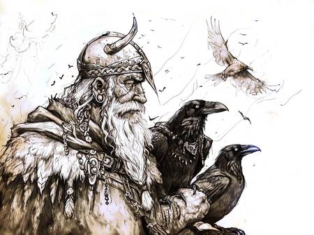 Gott Odin mit den beiden Raben Hugin und Munin