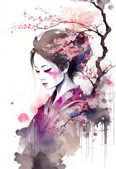  Japanese cherry blossom. Portrait of a geisha in spring.
