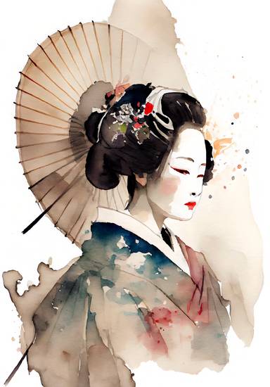  Traditional japanese geisha with kimono and parasol. watercolor