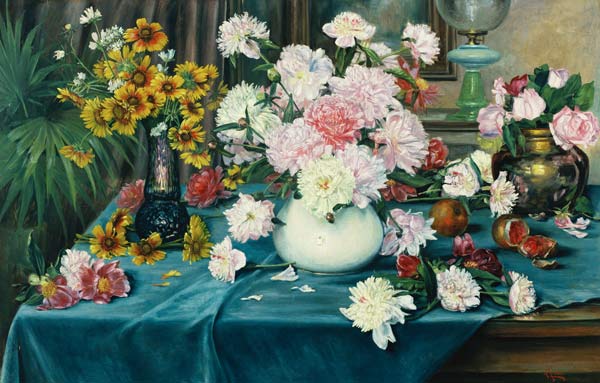 Pfingstrosen, Rosen und andere Blumen in Vasen from Anna Knittel