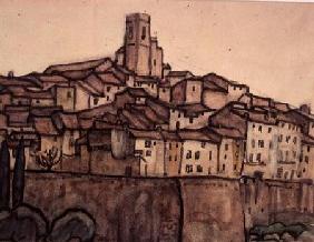 View of a Walled Town with Roof Rising to a Square Tower on a Hill