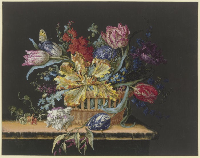 Blumenkorb mit Tulpen, Levkojen, Rittersporn und anderen Blumen auf einem Tisch from Anonym