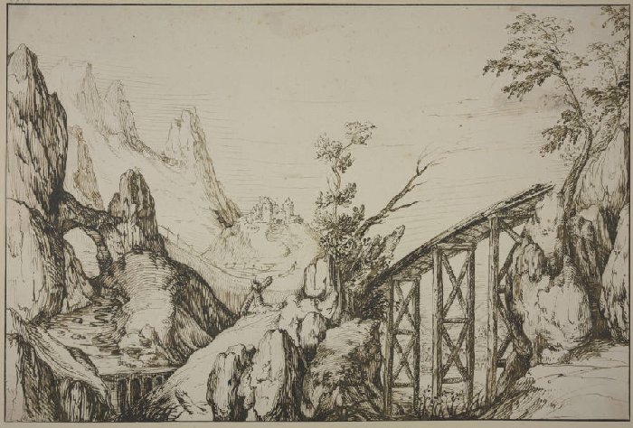 Felsige Landschaft, rechts eine steile Holzbrücke from Anonym