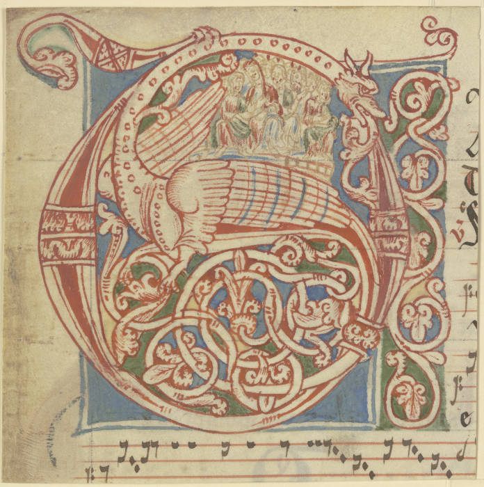 Initiale C oder G, Ornament mit geflügltem Drachen (verso Textfragment) from Anonym