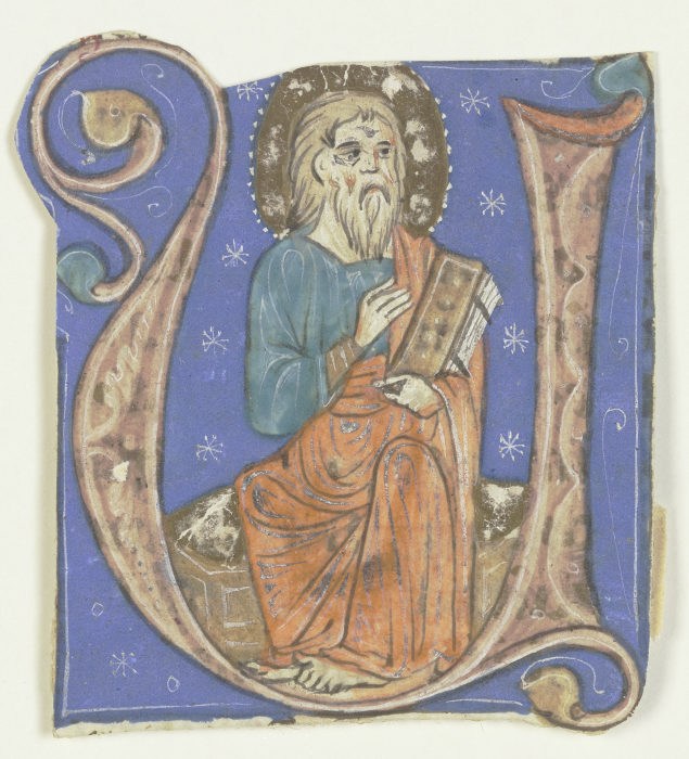 Initiale U: Darin ein nimbierter bärtiger Mann mit Codex (verso Textfragment) from Anonym