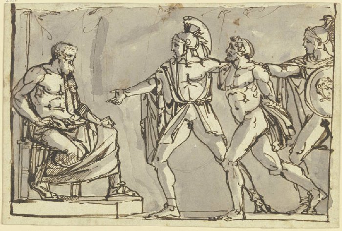 Szene aus der griechischen oder römischen Sage: Ein Gefangener wird von zwei Kriegern dem König vorg from Anonym