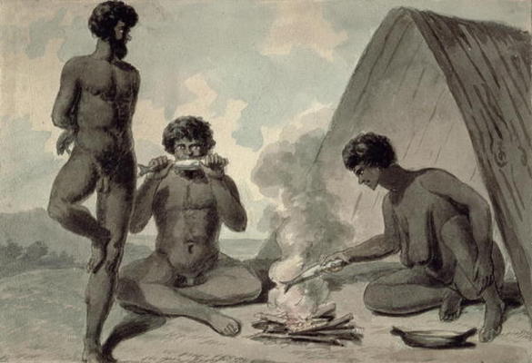 Aborigines eating fish in front of a campfire, possibly by Philip Gidley King (1758-1808) (w/c) from Anonymous painter