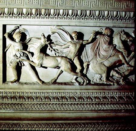 Alexander Sarcophagusdetail of frieze depicting two men killing a deer from Anonymous painter