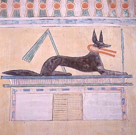 Anubis, Egyptian god of the dead, lying on top of a sarcophagus, wall painting in the Valley Temple from Anonymous painter
