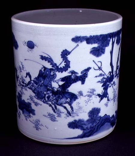 Blue and White Brushpot, painted with horsemen, Chinese,Transitional period from Anonymous painter