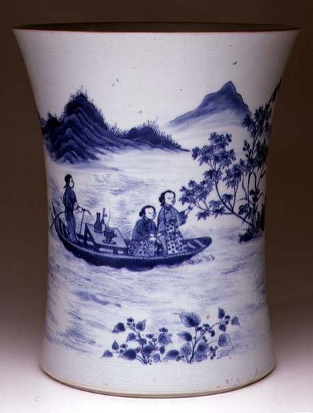 Blue and White Brushpot, painted with ladies in a punt, Chinese,Transitional period from Anonymous painter