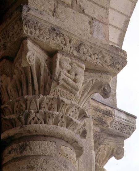 Column capital with stylised foliage designs around the figure of an acrobatfrom the porch exterior from Anonymous painter