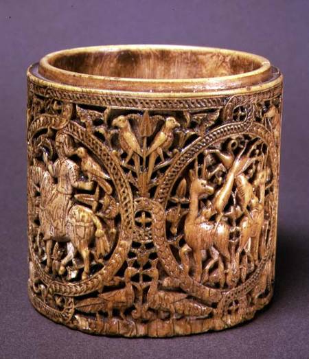Cylindrical box (with missing lid) with carved decoration of hunting scenesSpanish from Anonymous painter