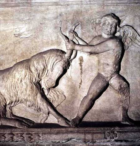 Detail from a Greek sarcophagus from Lydia depicting a putto wrestling with a goat from Anonymous painter
