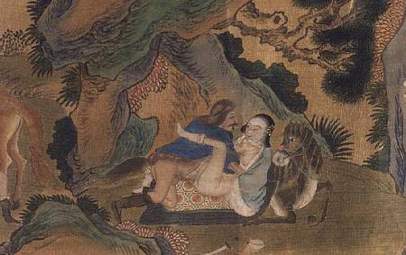 Erotic depiction of lovers using a reclining horse as a bed, from a series depicting the lives of Mo from Anonymous painter