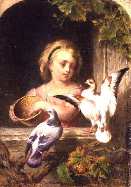 Girl Feeding Pigeons signed G.J.H. from Anonymous painter