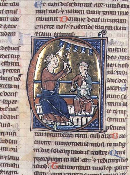 Historiated initial 'C' depicting two musicians, one playing the viol and the other the bell chimes from Anonymous painter