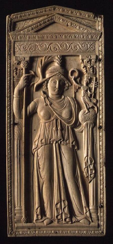 Ivory relief tablet depicting a helmeted Roman goddess holding a sceptre in her right handan orb wit from Anonymous painter