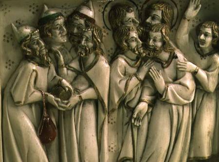 Judas receiving thirty pieces of silver, detail of ivory diptych,French from Anonymous painter
