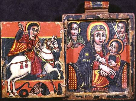 Madonna and child and St.George and the Dragon, double sided diptych (obverse),Ethiopian Coptic icon from Anonymous painter
