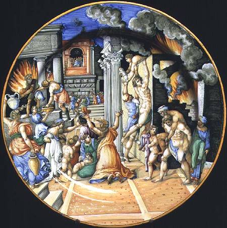 Maiolica plate depicting the burning of Troy with Aeneas carrying his father Anchises on his back wi from Anonymous painter