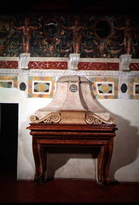 Marble fireplace bearing the initials 'F.II.M.M.V' signifying Federigo Gonzaga II Marchese of Mantua from Anonymous painter