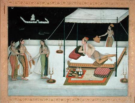 A Mughal prince receiving a lady at night from Anonymous painter