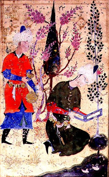 A seated prince reading whilst a servant serves wine, Persian, Bokhara School from Anonymous painter