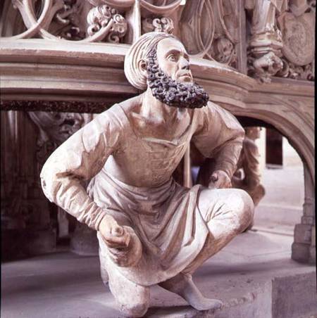 Self portrait of Adam Krafft (1460-1508) sculpture at the base of the ciborium from Anonymous painter